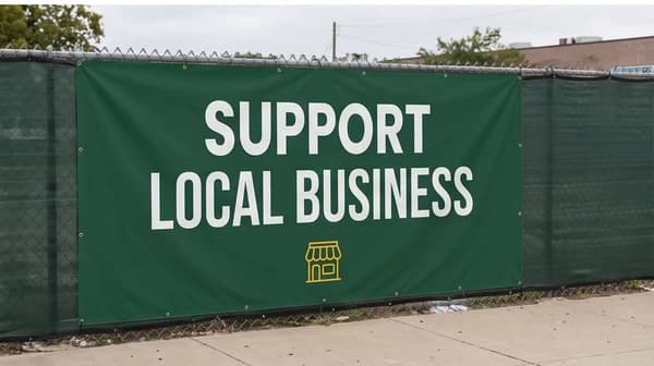 Green SUPPORT LOCAL BUSINESS banner on an outdoor fence.