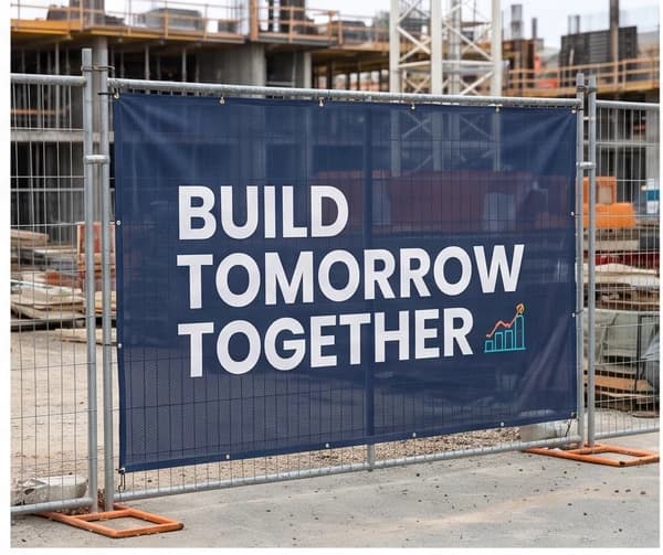 Navy BUILD TOMORROW TOGETHER mesh banner at a construction site.