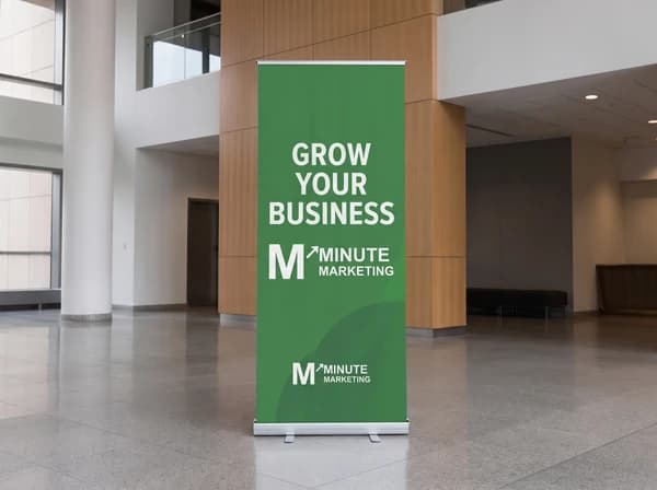 Green GROW YOUR BUSINESS retractable banner in a bright lobby.