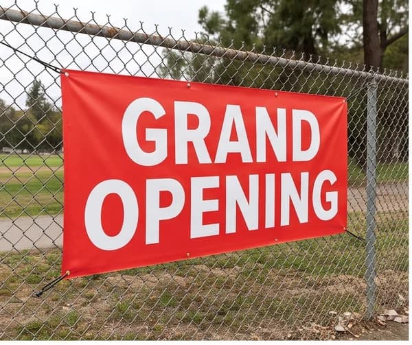 Red GRAND OPENING vinyl banner on a fence.
