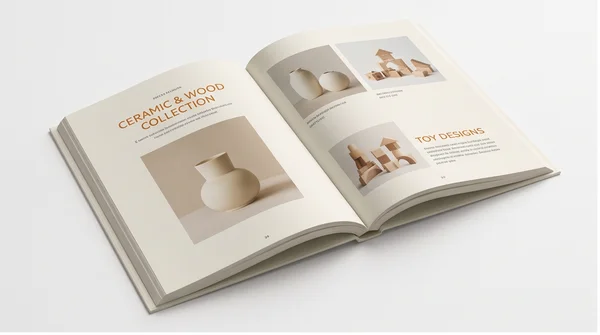 An open printed product catalog with fictional products and clean photo layouts.