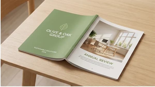 A printed business booklet with a branded cover and open interior pages.