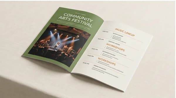 An open printed event program booklet with clear editorial page layouts.