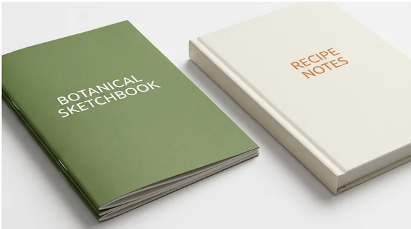 A close studio view of two printed booklets showing illustrative saddle-stitch and square-spine binding.
