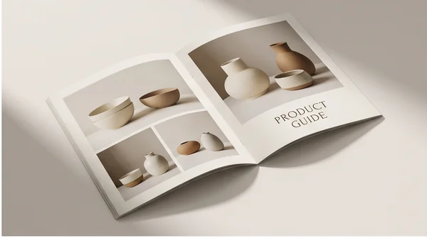 An open product brochure with a clear photo-led layout.