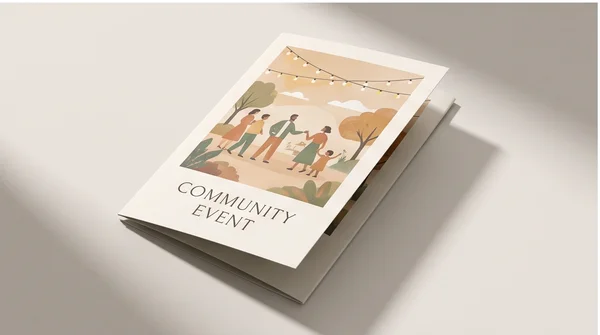 A printed folded brochure for a fictional community business event.