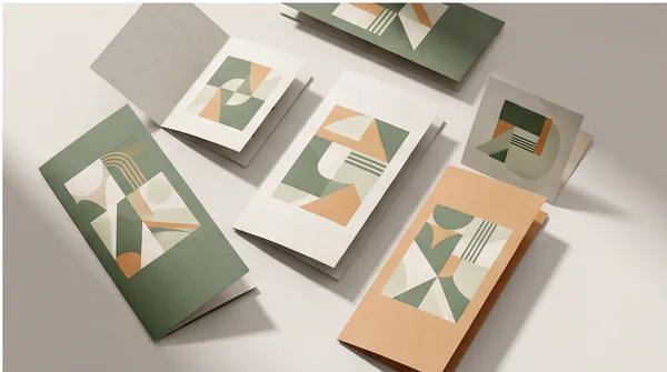 Several brochure fold layouts arranged on a studio surface.