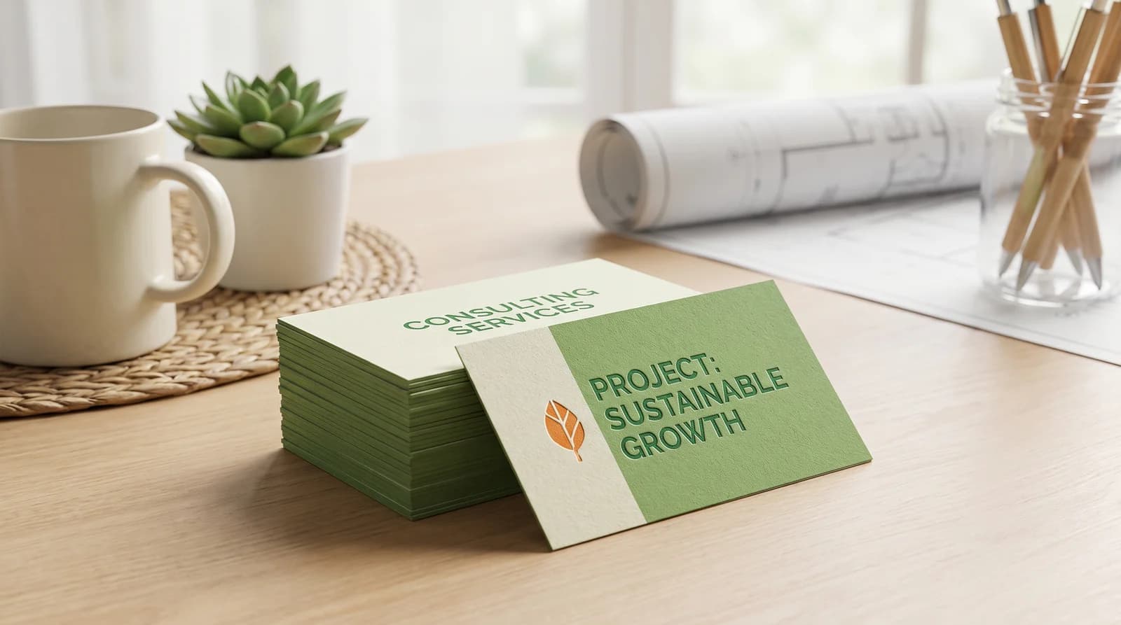 A neat stack of green and white business cards on a light studio desk, showing front and back artwork.