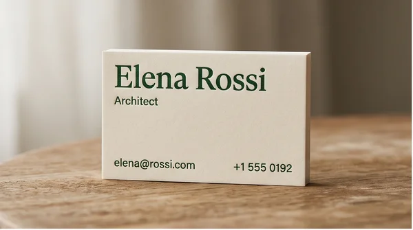 A business card for a fictional professional with clean readable contact details.