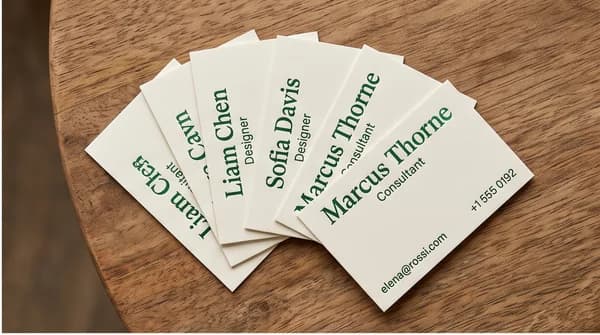A set of matching business cards for different fictional team members.