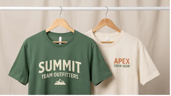 Two fictional branded team shirts on hangers.