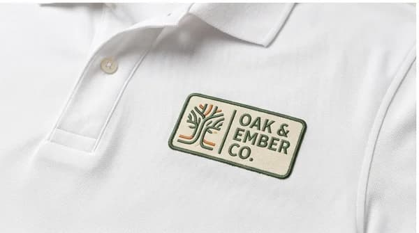 A close view of a fictional logo placement on a custom shirt.