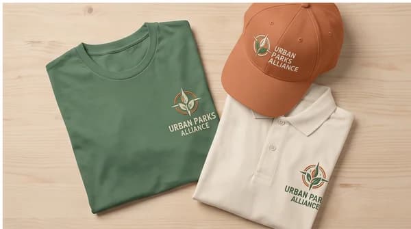 An illustrative arrangement of a shirt, polo and cap with coordinated fictional branding.