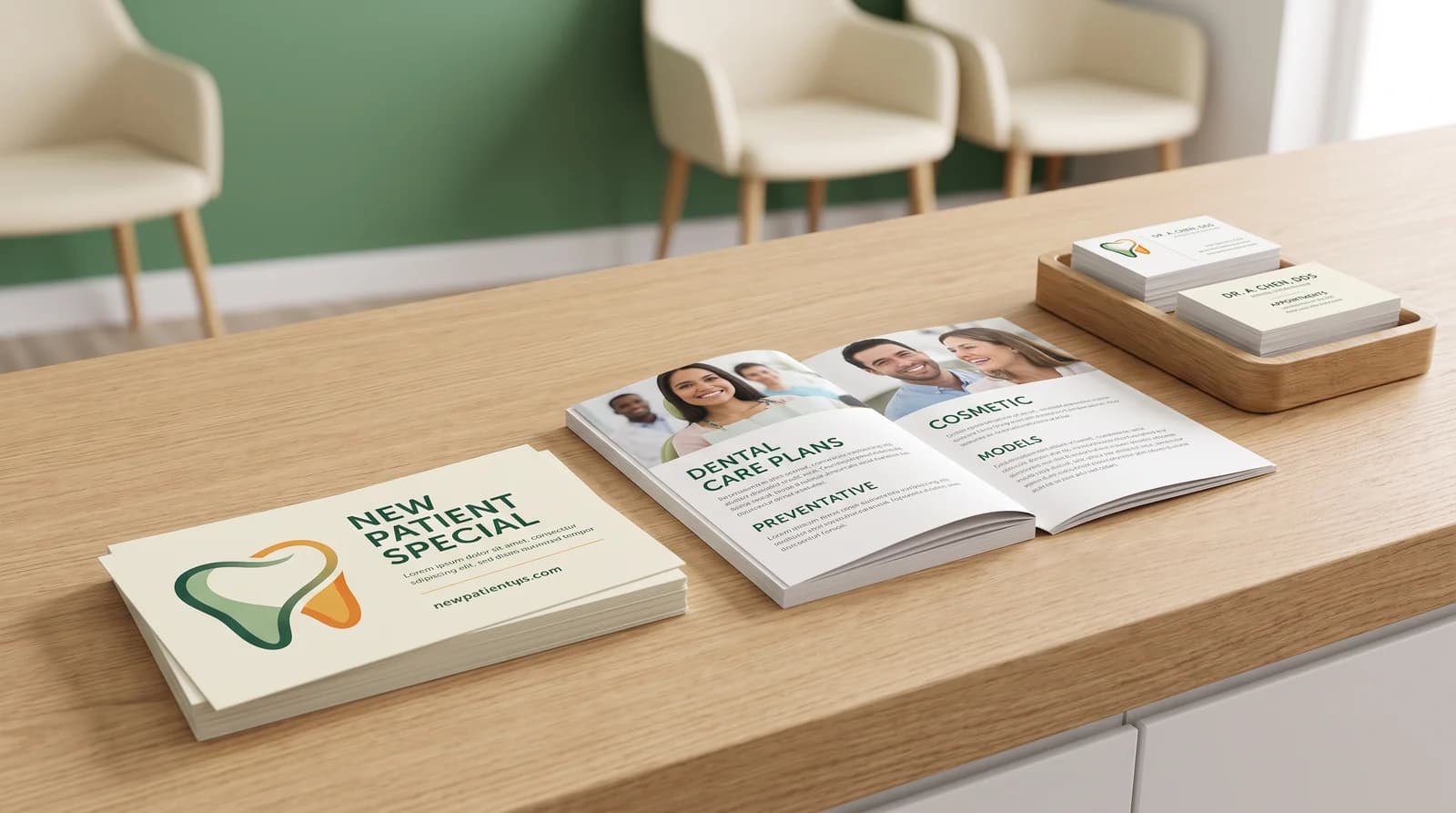 A bright dental-practice reception desk displaying fictional branded postcards, brochures and business cards, with no patients or treatment scenes.