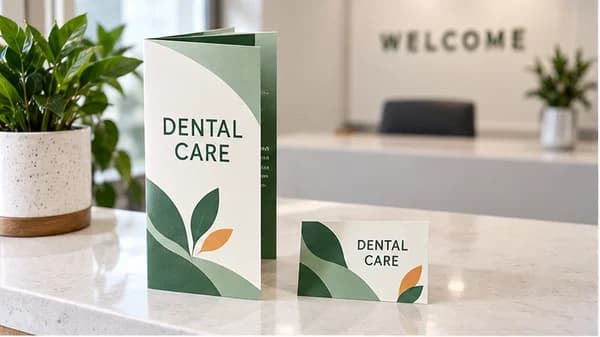 A fictional dental-practice brochure and business card on a clean reception desk.
