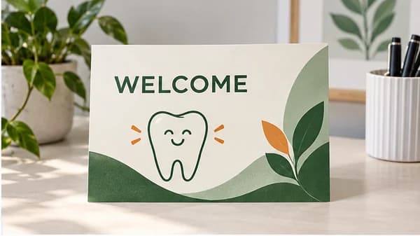 A fictional dental-practice postcard with welcoming neutral artwork on a studio desk.