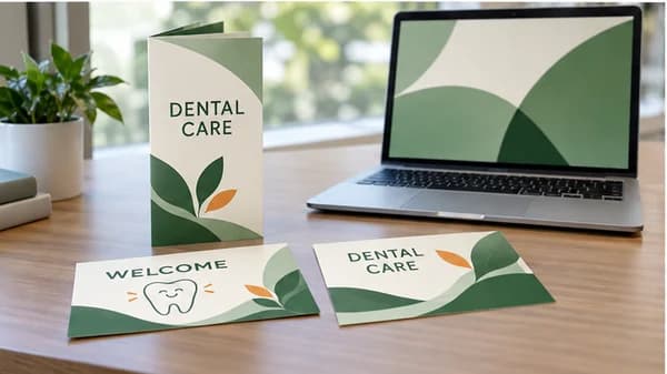 Dental-practice print materials beside a laptop with matching abstract fictional campaign artwork.