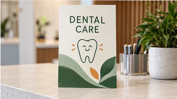 A dental-practice printed flyer with a simple fictional contact call to action at a reception desk.