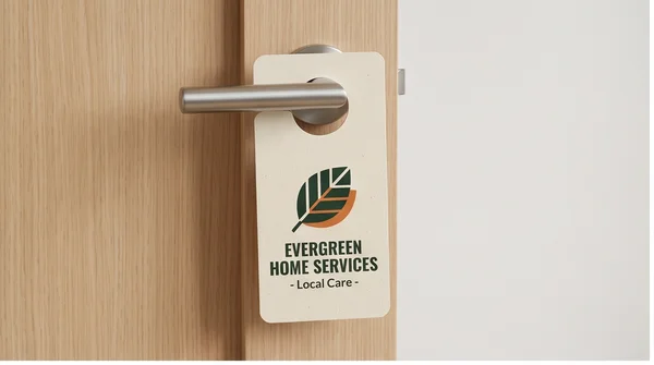 A door hanger for a fictional local home service company on a door handle.