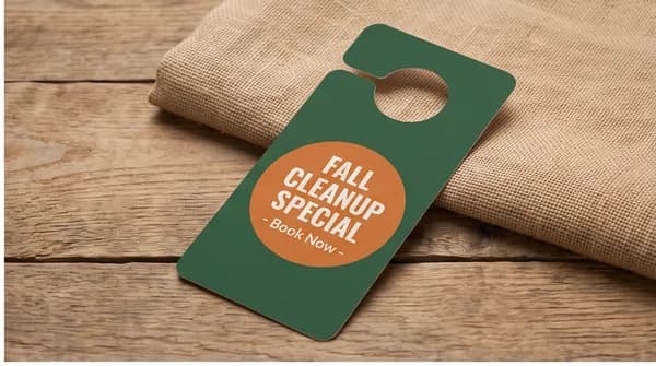 A printed door hanger with a bold fictional seasonal promotion.