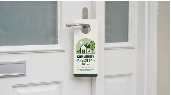 A community-event door hanger on a clean residential door.