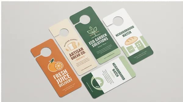 Four custom printed door hangers arranged flat in a print studio.