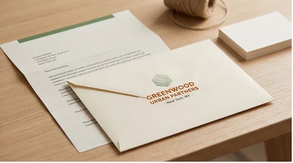 A branded business envelope beside a folded letter.