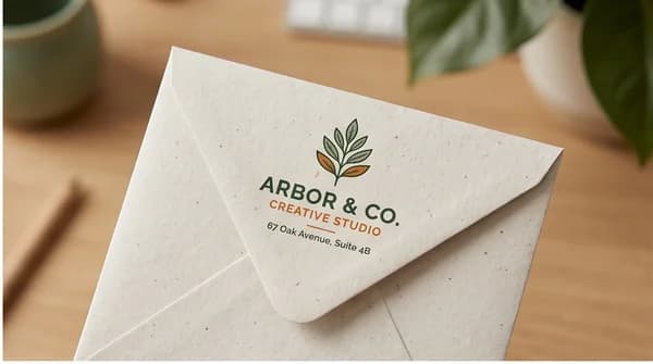 A close view of a clean printed logo and fictional return address on an envelope.