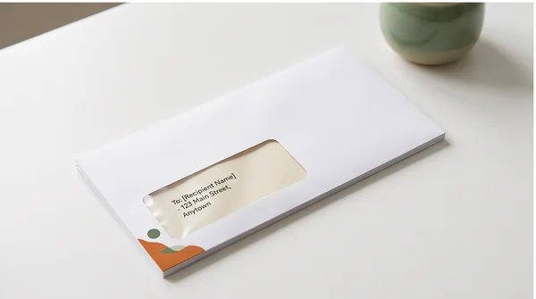 A business envelope with a window displaying fictional placeholder recipient details.