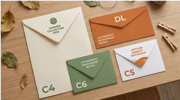 Printed envelopes in several sizes arranged on a studio table.