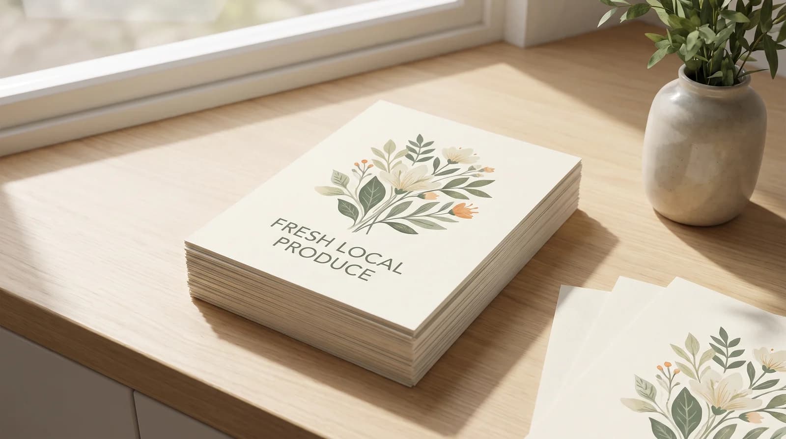 A stack of vibrant green and cream business flyers on a clean counter with one flyer visible in full.