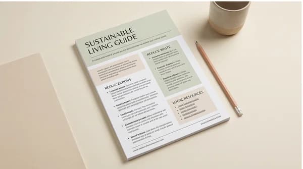A printed informational flyer with structured sections on a desk.