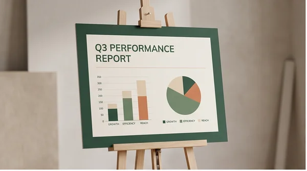 A printed foam board with clear presentation graphics on an easel.