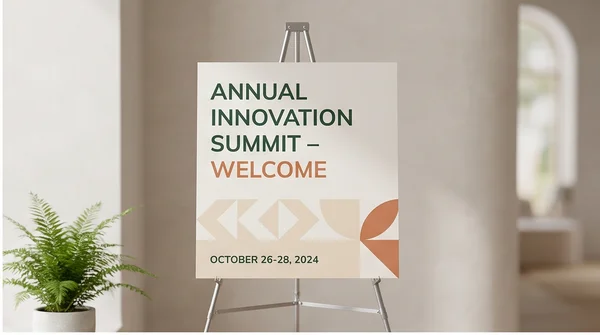 An event welcome foam board supported on an indoor easel.