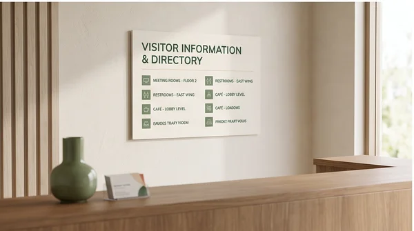 A branded business-information foam board displayed in a reception area.