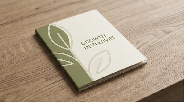 A printed presentation folder with a fictional business identity.
