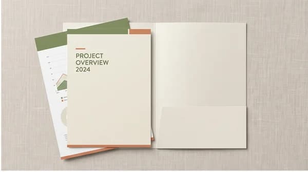 An open printed folder with coordinated business documents inside.