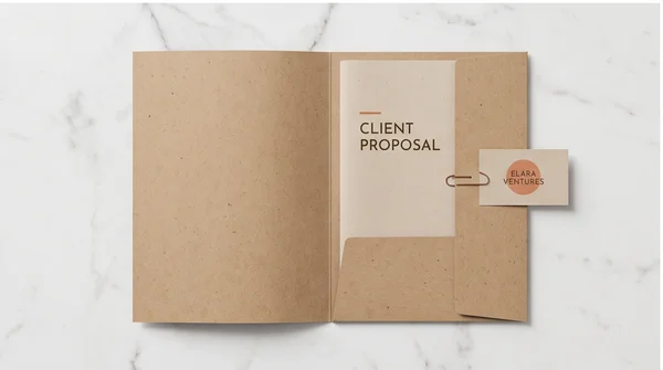 An open presentation folder with a business card placed next to the document pocket.