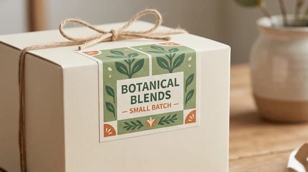 A branded printed label applied to a fictional product box.