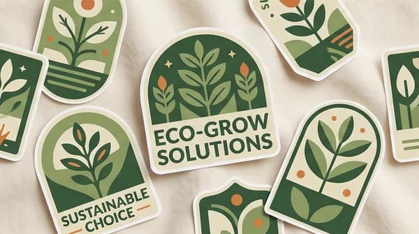 A set of custom promotional stickers with bold green business artwork.