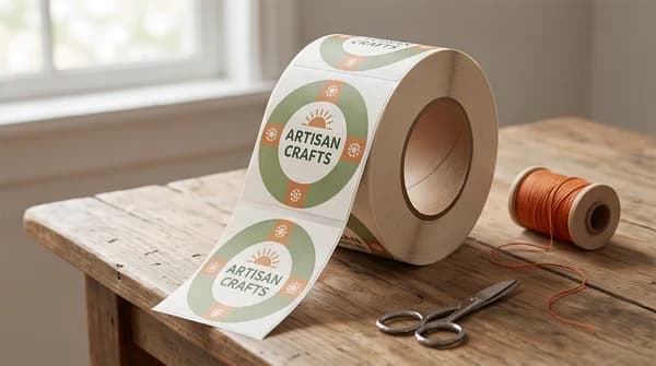 A roll of custom printed labels on a studio table.