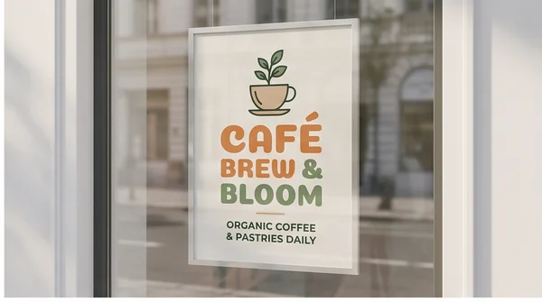 A large business-promotion poster in a shop window.