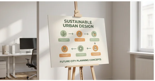 A large printed presentation poster with clean diagrams on an indoor display wall.