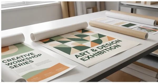Several large-format printed posters of different sizes arranged in a print studio.