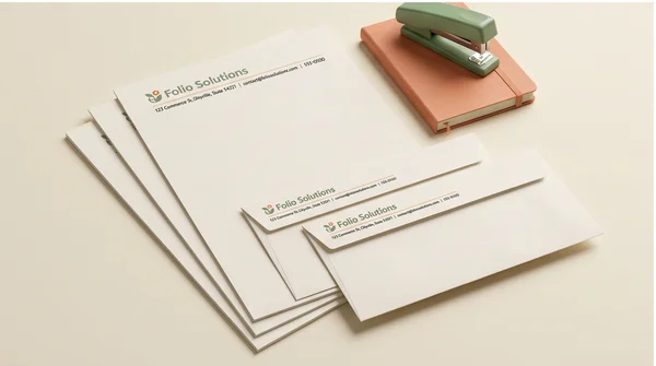 Coordinated letterhead sheets and envelopes on a studio desk.