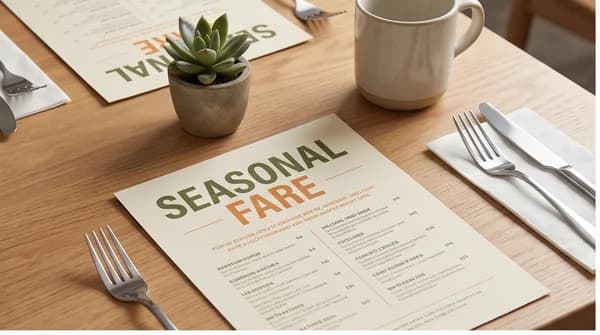A printed restaurant menu on a neatly set café table.