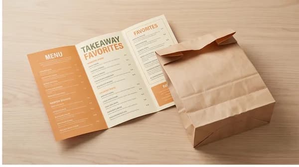 A folded takeaway menu beside a fictional restaurant paper bag.