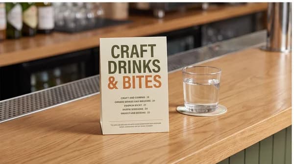 A small printed drinks and specials menu on a café counter.