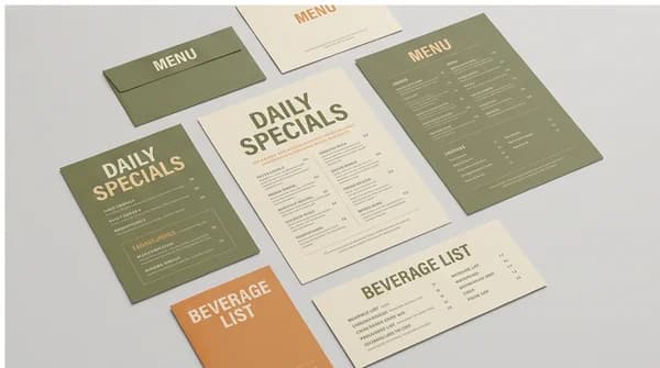 Flat and folded printed menus arranged in a studio.