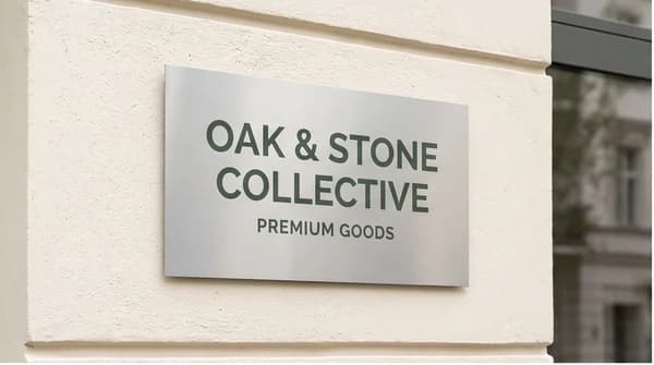 A metal sign displaying a fictional business name on a clean building wall.